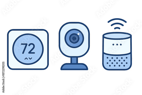 Smart home devices including a thermostat, security camera, and voice assistant in a modern setup