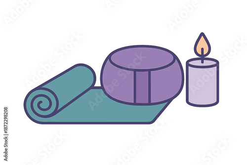Relaxation setting with mat, meditation cushion, and candle for mindfulness practice