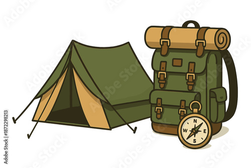 Camping gear on display with tent, backpack, and compass ready for outdoor adventure in nature
