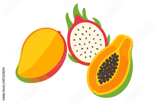 Fresh fruits displayed together showing mango, dragon fruit, and papaya cut open to show inner texture and color