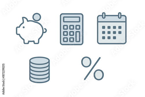 Financial planning symbols show saving money, budgeting, and calculating interest over time