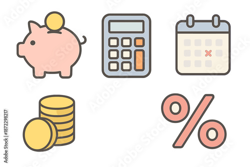 Understanding budgeting with a piggy bank, calculator, calendar, and coins for financial planning