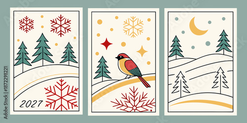 2027 Winter Holiday Triptych Vector – Snowy Pines, Festive Bird, and Moonlit Landscape with Snowflakes