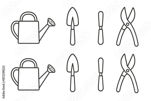 Gardening tools are arranged neatly on a flat surface along with a watering can, trowel, pruners, and garden fork in a simple layout