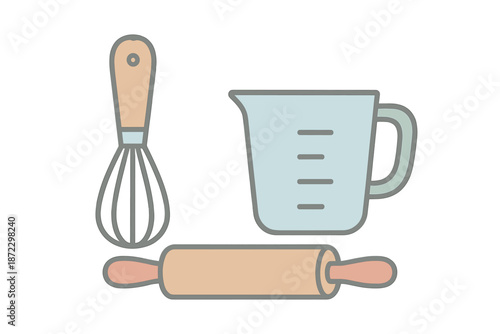 Kitchen tools for baking and preparing food at home with a whisk, measuring cup, and rolling pin in a simple layout