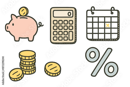 Financial planning tools shown with coins, piggy bank, calculator, calendar, and percentage symbol for budget management