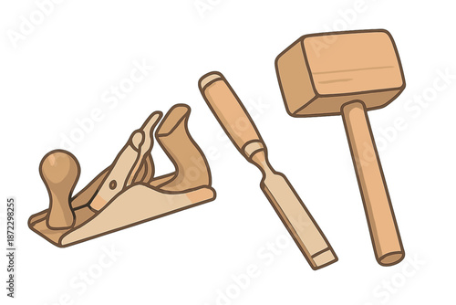 Woodworking tools on a plain background with a hand plane, chisel, and mallet