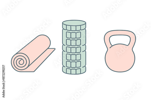 Fitness equipment layout with yoga mat, foam roller, and kettlebell on a white background for home workouts and exercises