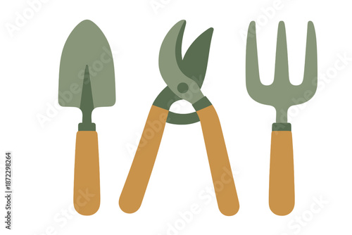 Tools for gardening showing a spade, pruning shears, and a garden fork with green handles and wooden grips