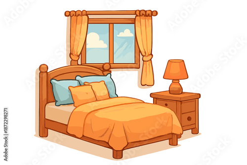 Cozy bedroom with wooden furniture, large window, and orange bedding in a bright setting