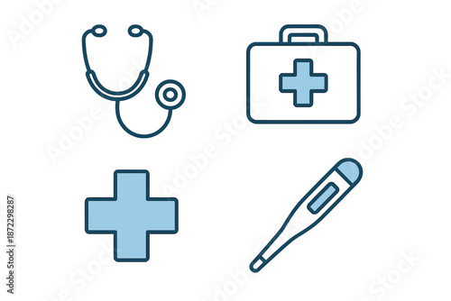 Medical tools and symbols showing important items for health and first aid in simple design