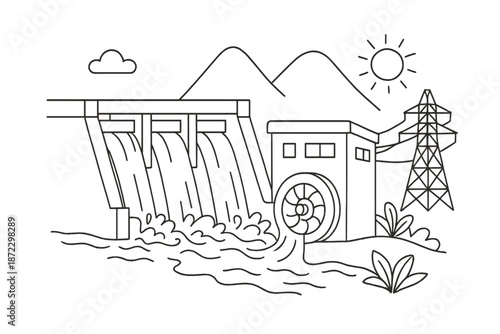 Hydroelectric power station generates energy during bright day in mountains