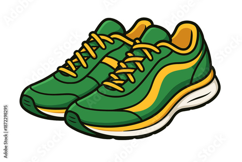 Bright green running shoes with yellow accents on a simple background for active wear enthusiasts