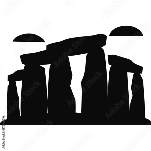 Minimalist black silhouette vector of Stonehenge ancient monument in England, historic prehistoric stone circle icon for history and travel.