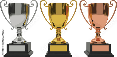 Winner trophy cup set in silver gold and bronze finishes isolated on white background realistic award vector illustration