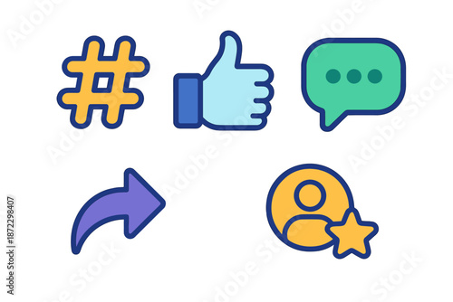 Symbols for online interaction including hashtag, thumbs up, speech bubble, arrow, and user profile icon