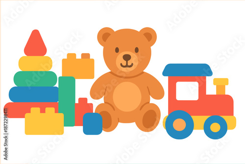 Colorful toys are arranged on a white background including a bear, a train, and stacking blocks for children to play with