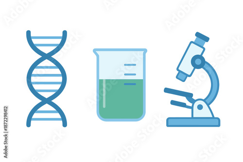 Illustration of science concepts including DNA, a beaker, and a microscope in a laboratory setting