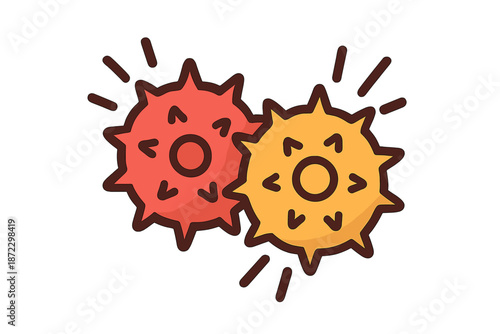 Bright circular shapes with spikes in red and yellow colors placed closely together on a white background