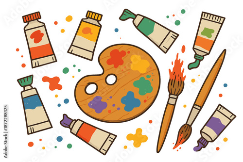 Colorful art supplies arranged on a flat surface with paint tubes, brushes, and paint palette in a creative scene