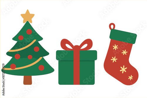 Holiday decorations with a Christmas tree, present, and stocking in simple design