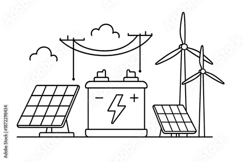 Energy sources including wind and solar with battery storage in a renewable power setup