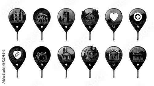 Black and white vintage engraved map pin icons set. Location markers with various buildings and health symbols.