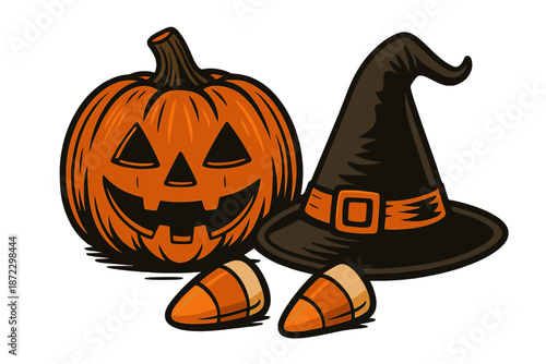Halloween pumpkin, witch hat, and candy corn decorations are arranged for a festive celebration for all ages