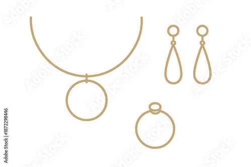 Jewelry set displaying a necklace, earrings, and a ring on a simple background