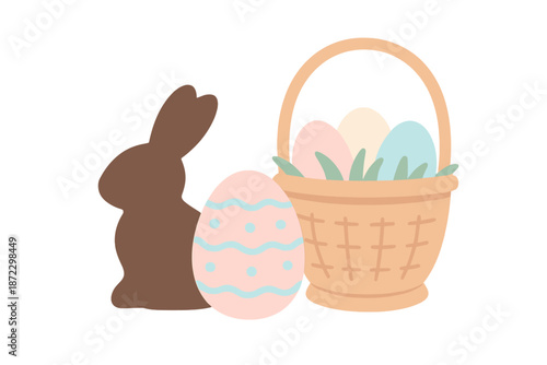 Bunny and basket with colorful eggs for spring holiday celebration in a cheerful setting