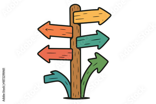 Directions to various locations on a wooden sign with colorful arrows pointing in different ways