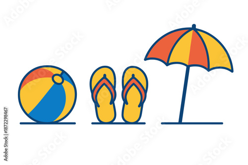 Colorful beach elements including a ball, flip flops, and a sun umbrella on a summer day