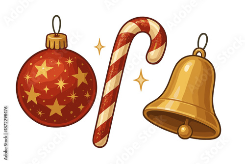 Holiday decorations with a red ornament, candy cane, and golden bell on a white background