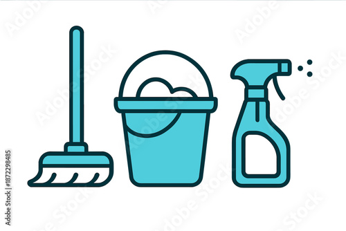 Cleaning tools for household chores, showing a broom, a bucket with soap, and a spray bottle on a white background
