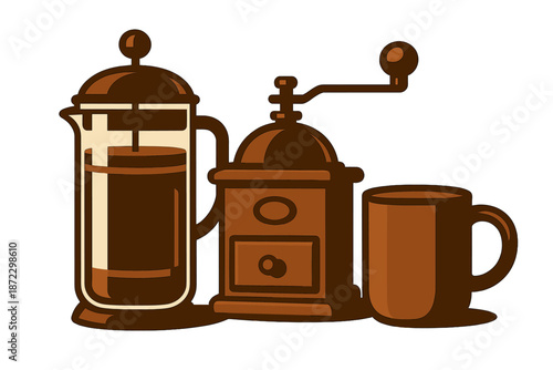 Coffee preparation with a French press, grinder, and mug in a simple kitchen setup