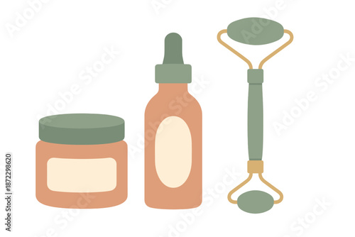 Skin care products on a white background showing a jar, a bottle, and a facial roller for beauty routines