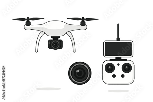 Drone and remote control with camera lens on white background