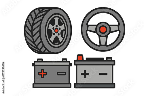 Car parts including tire, steering wheel, and batteries arranged in a graphic style on a plain background