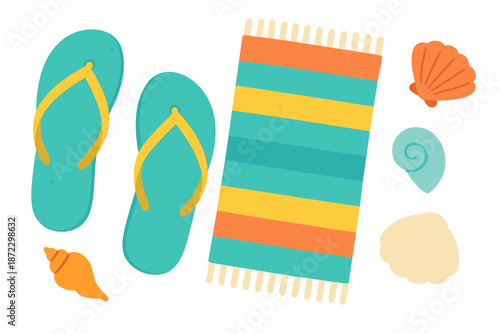 Bright summer beach scene with flip flops, towel, and seashells arranged on a light background