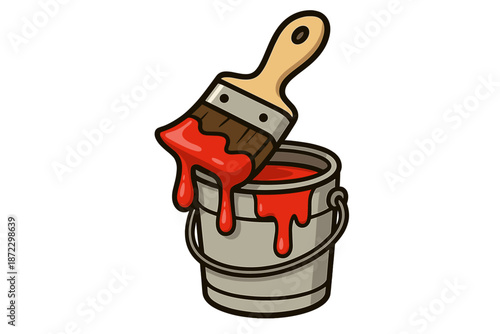 Paint drips from brush into metal bucket during home renovation project at a residential site in afternoon light