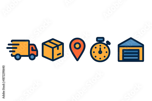 Delivery process with truck, package, location pin, timer, and warehouse