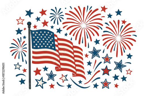 Fireworks display with American flag and stars during celebration event at night