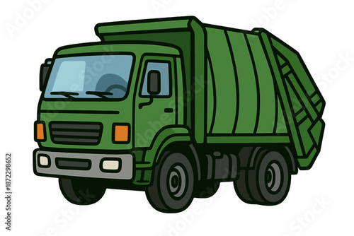 Green truck collects waste during daylight in a city street as part of daily sanitation service