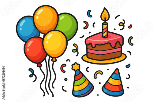 Colorful balloons and party items with a cake for a birthday celebration in a festive setting with decorations and a candle