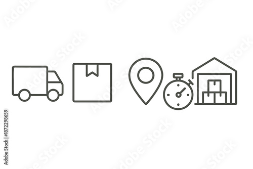 Delivery process shows truck, package, location marker, timer, and warehouse during logistics operations in a busy city