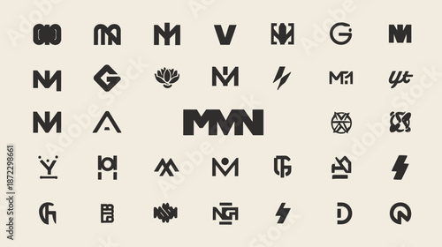 Collection of diverse abstract minimalist logotypes and initial designs for branding. Modern geometric and stylized vector graphics.