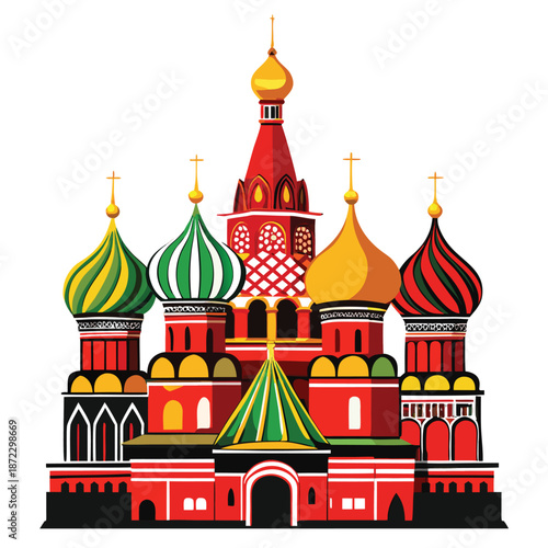 Detailed silhouette vector illustration of Saint Basil Cathedral in Moscow, iconic Russian architecture landmark for travel and culture.