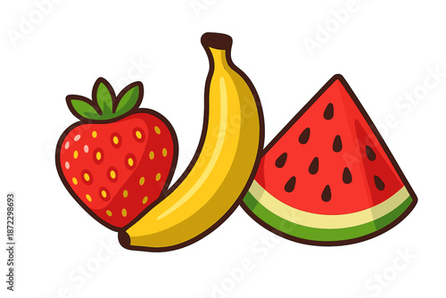 Colorful fruit illustration with strawberry, banana, and watermelon on a white background in a simple design