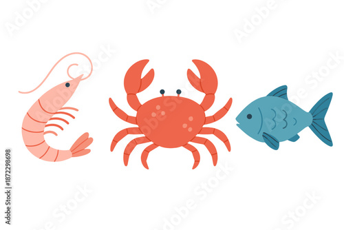 Seafood collection includes shrimp, crab, and fish on a white background during a creative illustration session