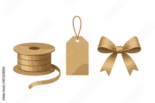 Crafting with ribbon, tag, and bow for gift wrapping and decoration projects